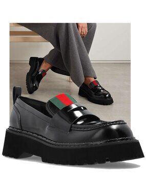 GUCCI SHOES BLACK LEATHER THEA WEBBED PENNY LOAFERS